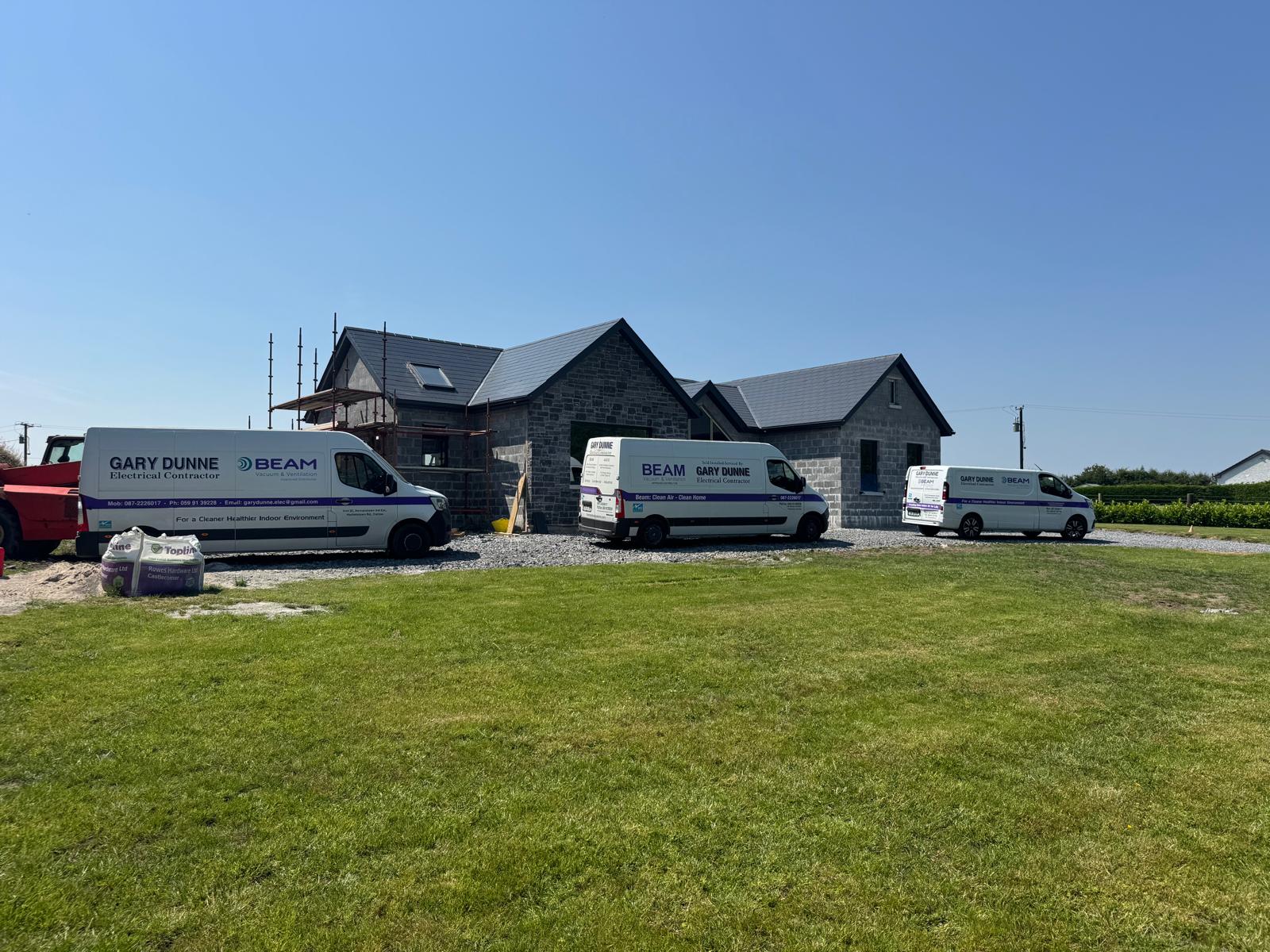 Gary Dunne Electrical BEAM vans on site at a new build home in Carlow