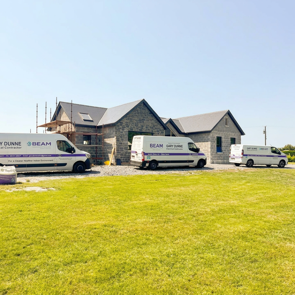 Gary Dunne Electrical's branded vans outside a house under construction